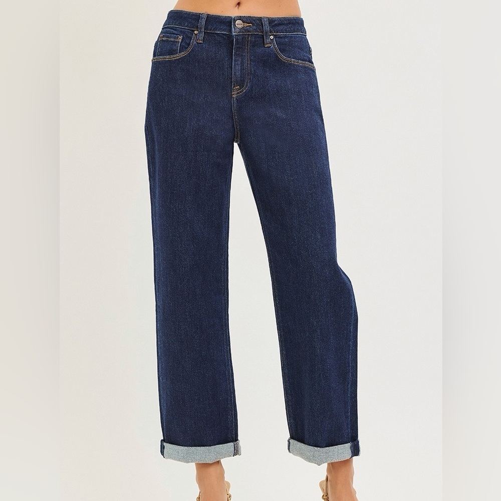 🩵 RISEN Slouchy Cropped  Boyfriend Jeans With Cuffed Hem - Dark Wash